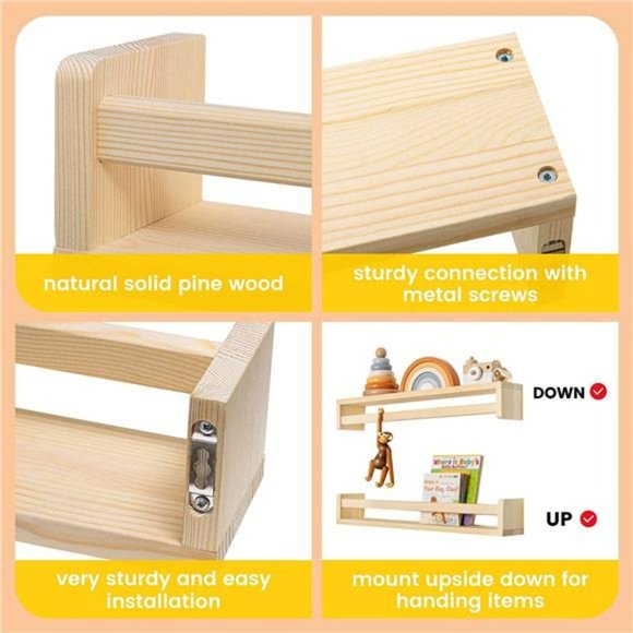 Nursery Book Shelves - 24 Inch Wood Floating Bookshelf Set of 2 - Natural Wood - Picture 4 of 6